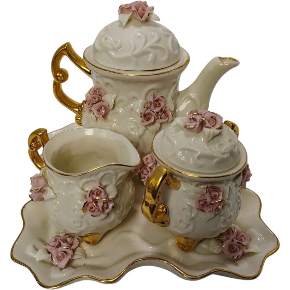 Cracker Barrel Ivory Porcelain with Pink Roses 10k Gold Trim 6 Piece Tea Set